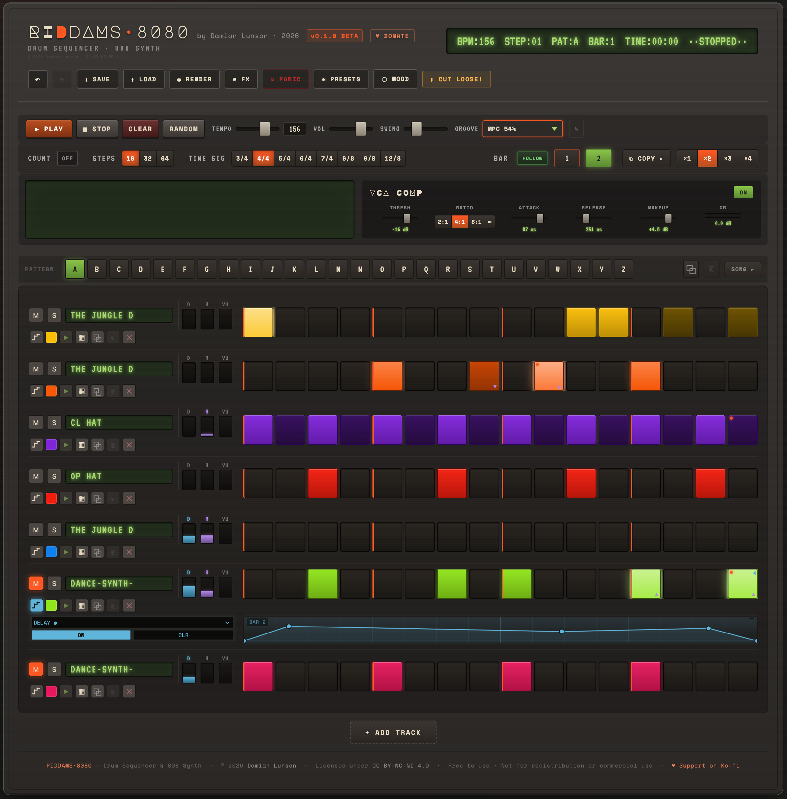 RIDDAMS·8080 drum machine — full interface